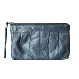 Vintage Eta Genuine Leather Wristlet Clutch Blue Soft Zip Pouch Small Handbag